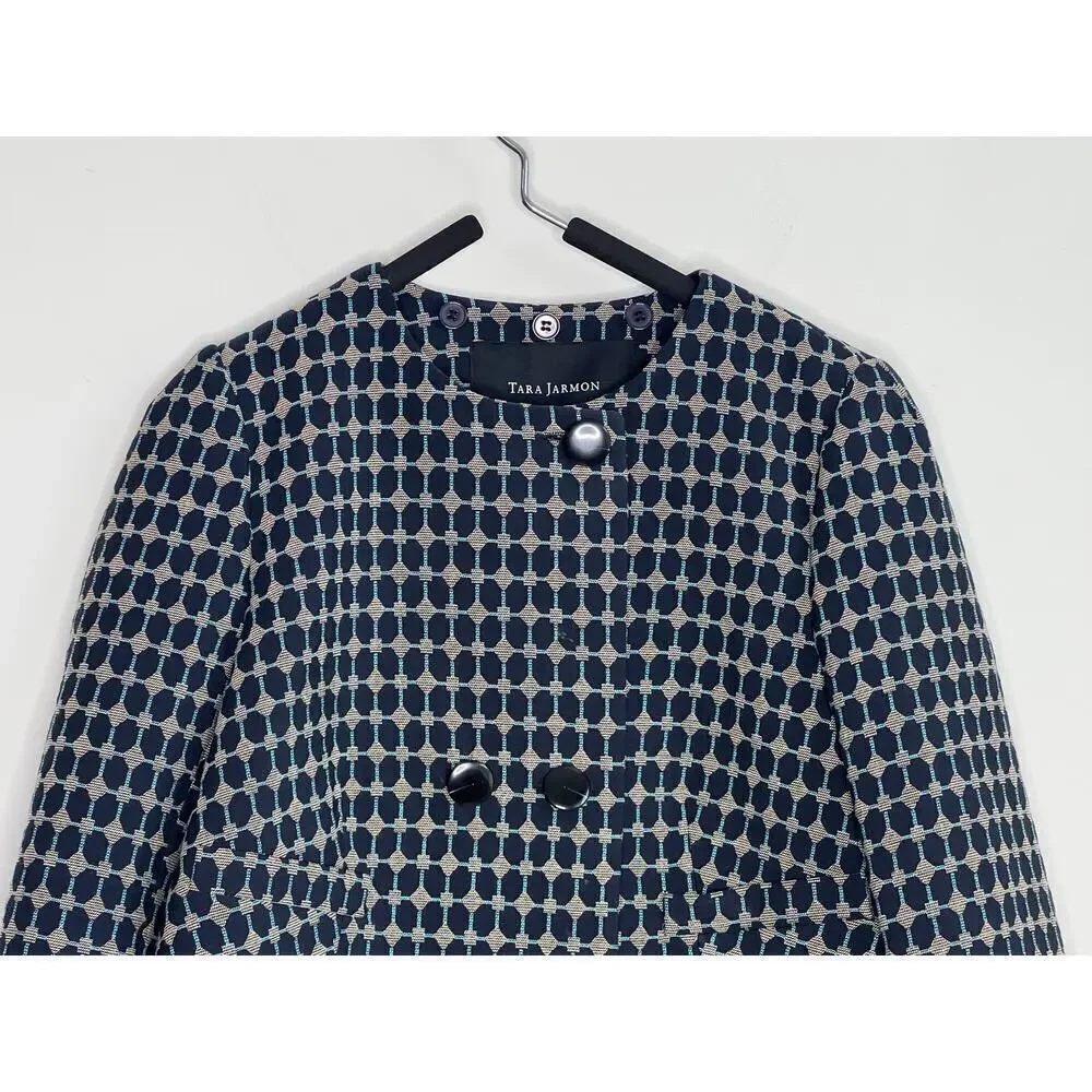 Tara Jarmon Geometric Print Long Sleeve Double Breasted Jacket Navy Women's 38